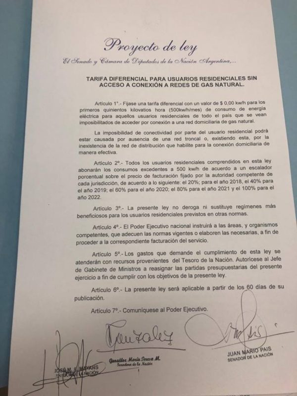 Ingreso en el Senado proyecto de ley por tarifa eléctrica diferenciada