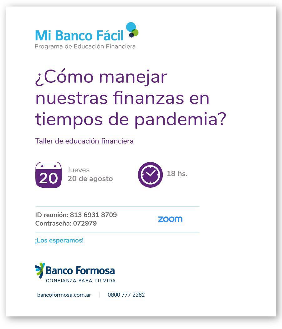Banco Formosa brindará un Taller de Educación Financiera online y gratuito